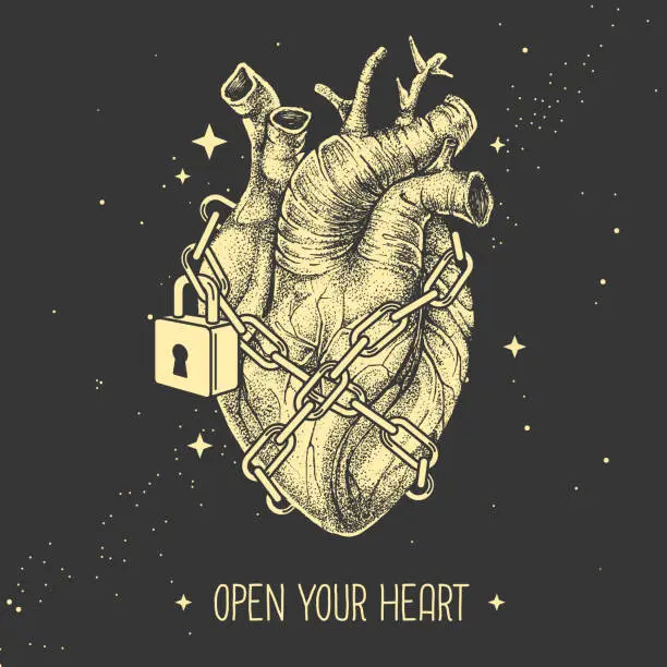 Vector illustration of Modern magic witchcraft card with realistic human heart chained with a padlock on space background. Vetor illustration