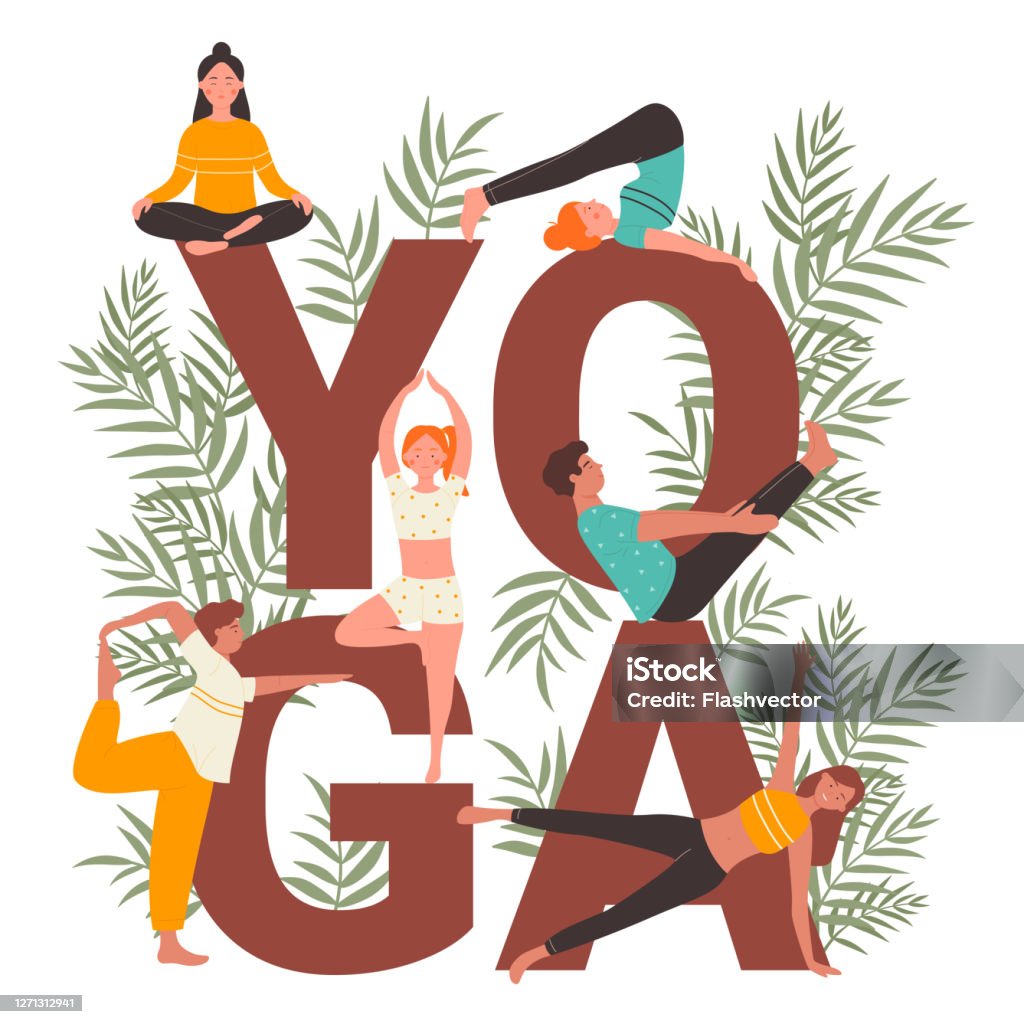 Yoga Practice Vector Illustration Set Cartoon Flat Active People Practicing  Yogi Asana Stretching Next To Big Yoga Word Isolated On White Stock  Illustration - Download Image Now - iStock