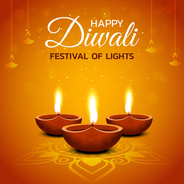 Happy Diwali Vector. Happy diwali design with diya oil lamp elements on orange background, bokeh sparkling effect deepavali stock illustrations