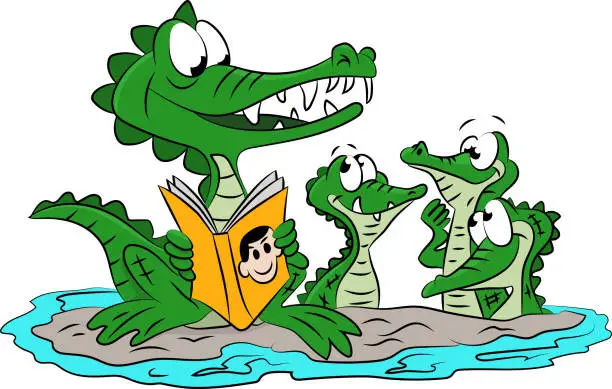 Vector illustration of Cartoon alligator mother reading stories to her children vector illustration