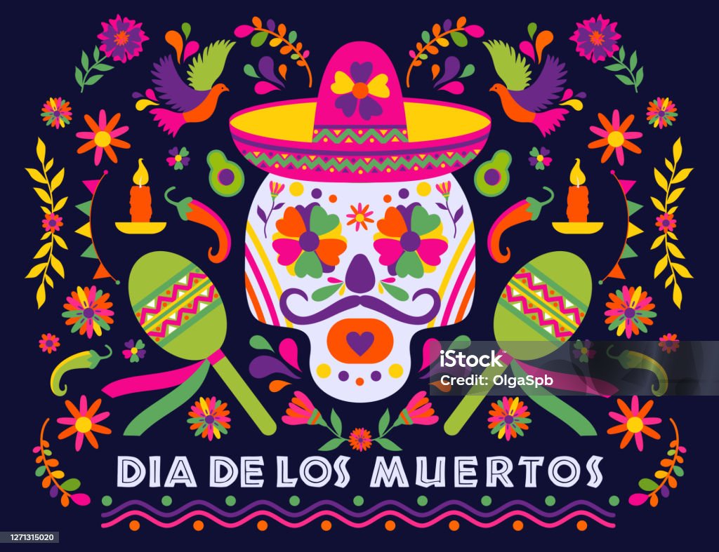 Dias De Los Muertos Typography Banner Vector In English Feast Of Death  Mexico Design For Fiesta Cards Or Party Invitation Poster Flowers  Traditional Mexican Frame With Floral Letters On Dark Background Stock