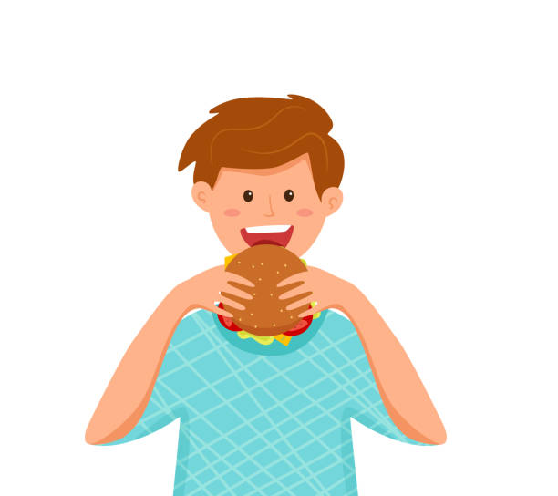 ilustrações, clipart, desenhos animados e ícones de criança mordendo hambúrguer de fast food ilustração vetorial. conceito de estilo de desenho animado colorido - burger sandwich hamburger eating