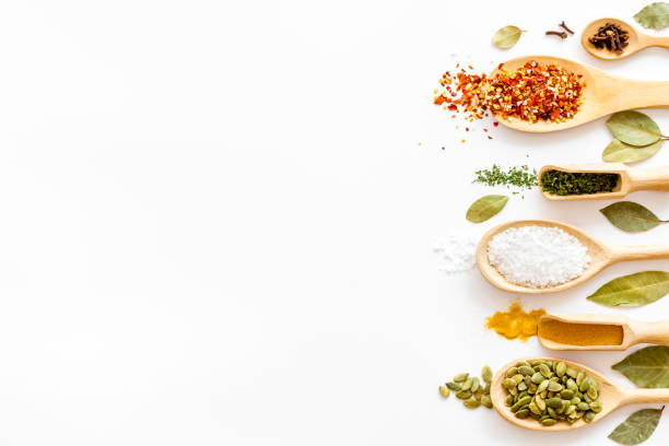 istock Layout of various spices in spoons. Top view, copy space 1271316113