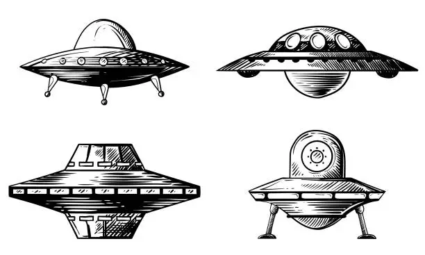 Vector illustration of Set of various flying saucers.