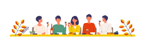 stockillustraties, clipart, cartoons en iconen met vectorillustratie van mensen die diner samen in de herfst eten. mensen drinken graag wijn. - drinking wine