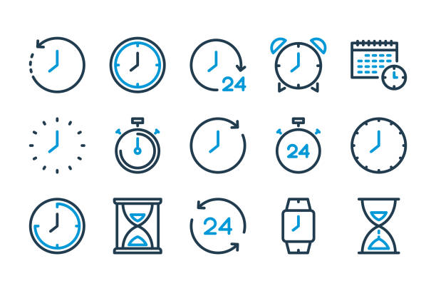 시간 및 시계 줄 아이콘. - 시계 숫자판 stock illustrations
