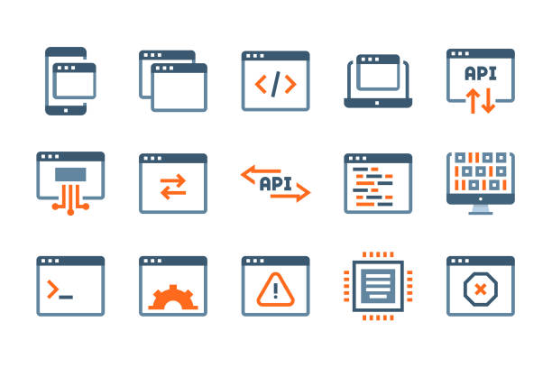 Web Development and Software Computing related flat icons. Web Development and Software Computing related flat icons. Networking and Programming vector icon set. application-programming-interface stock illustrations