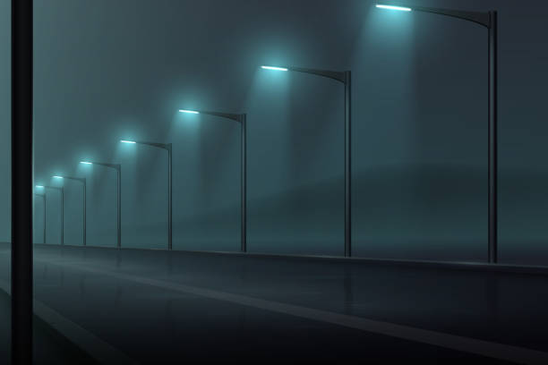 illustrations, cliparts, dessins animés et icônes de route avec des lanternes et le brouillard - street night street light lamp