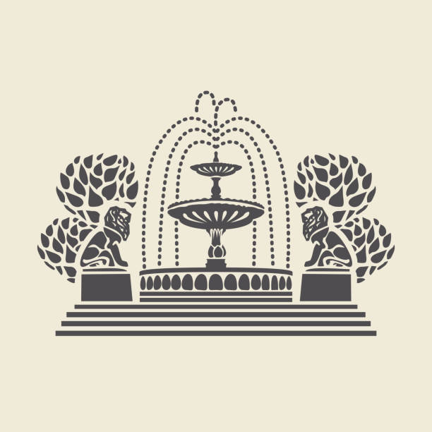 icon of a park fountain with sculptures of lions Icon or stencil of a stylized vintage Park fountain with steps, trees and sculptures of lions. Decorative vector illustration isolated on a light background in flat style fountain stock illustrations