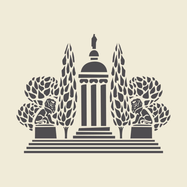 ikone eines parkpavillons mit löwenskulpturen - garden statue stock-grafiken, -clipart, -cartoons und -symbole