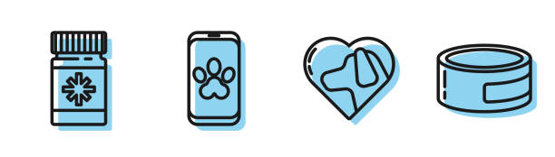 ilustraciones, imágenes clip art, dibujos animados e iconos de stock de establecer línea corazón con perro, botella de medicina para perros y píldoras, símbolo de clínica veterinaria en línea e icono de comida enlatada. vector - tin can phone