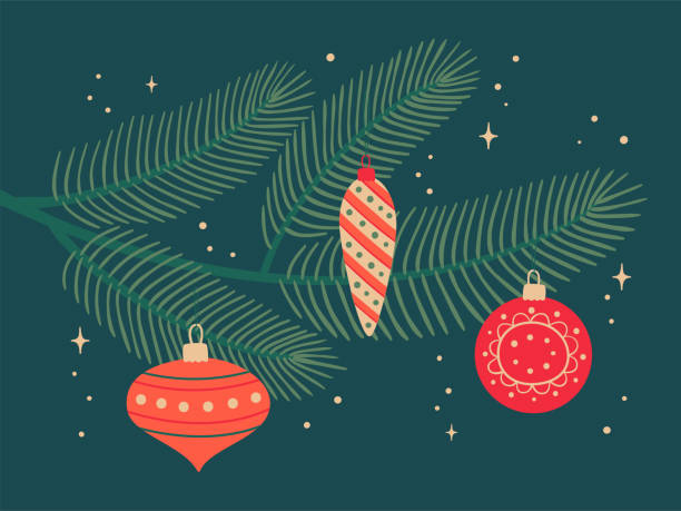 ilustrações, clipart, desenhos animados e ícones de ramo verde de abeto de natal com brinquedos coloridos em fundo escuro. - christmas tree fir tree branch christmas