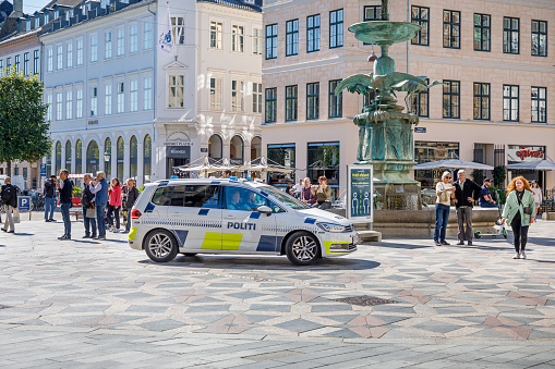 Copenhagen, Denmark, September 1, 2020: Police car in the pedestrian zone – called Strøget – in the center of the Danish capital which is a popular place for tourists