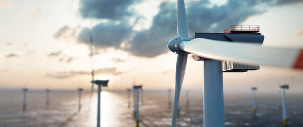 parque eólico y de energía marina con muchos aerogeneradores en el océano - plataforma petrolera fotografías e imágenes de stock