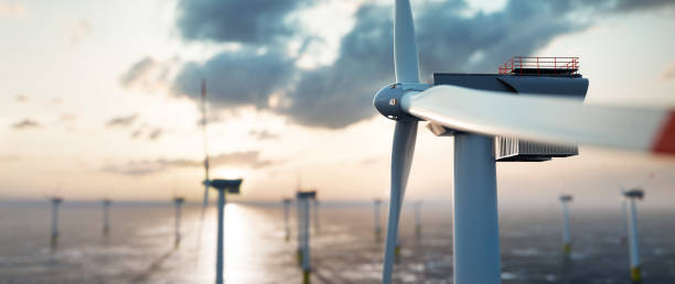fazenda de energia eólica offshore com muitas turbinas eólicas no oceano - vento - fotografias e filmes do acervo