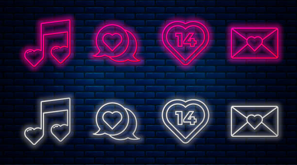 istock Set line Heart in speech bubble, Heart, Music note, tone with hearts and Envelope with Valentine heart. Glowing neon icon on brick wall. Vector 1271332819