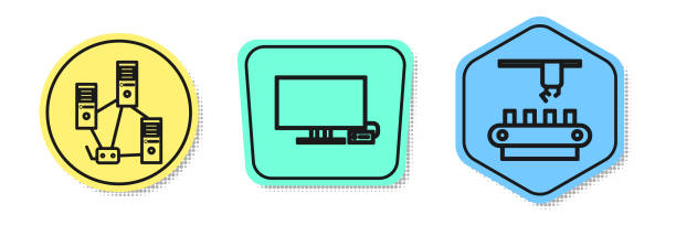 ilustrações de stock, clip art, desenhos animados e ícones de set line computer network, smart tv and factory conveyor system belt. colored shapes. vector - conveyor system audio