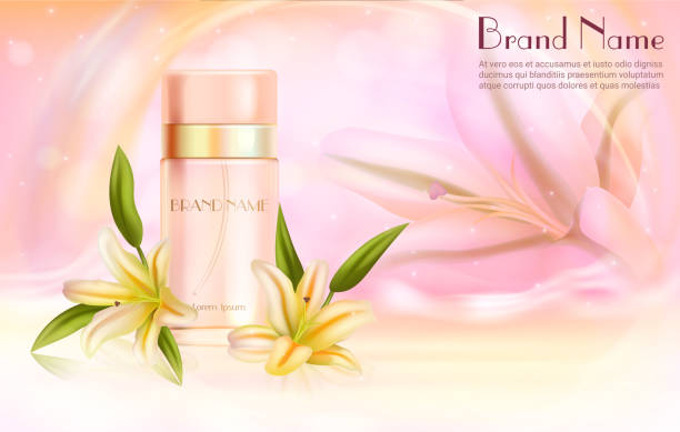 istock Lily perfume cosmetics vector illustration, realistic aroma perfume spray bottle and natural lily flowers, skincare lotus perfumed fragrance background 1271333768