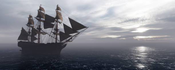 istock Pirate ship sailing on the ocean. Stormy clouds 1271335671