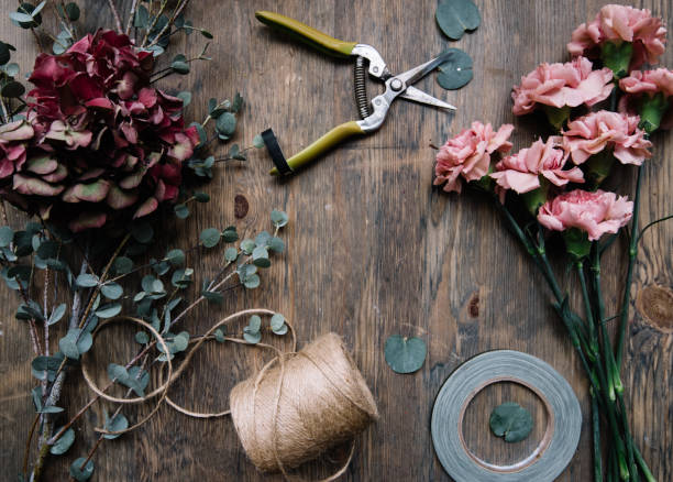 Florist working space flat lay: purple hydrangea and pink carnation flowers, twine, anchor, pruner and eucalyptus leaves on the rustic wooden table background with space in the middle, top view stock photo