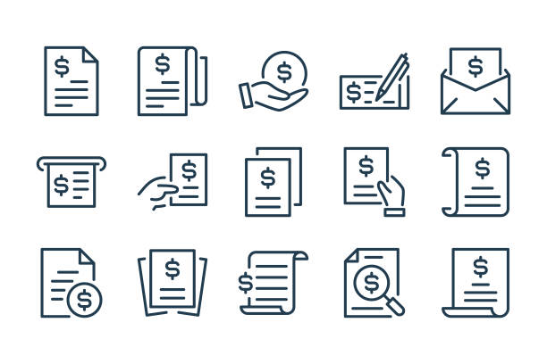 ikony wiersza faktura, oferta i umowa. - debt tax assistance bill stock illustrations