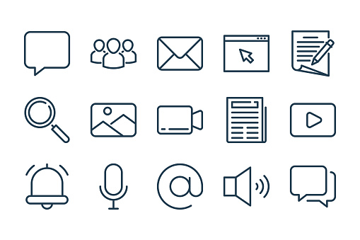 Media, Blog, Communication and Website navigation related line icon set. Media entertainment linear vector icons.