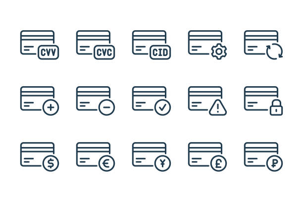 Credit card and online payment line icons. Credit card and online payment line icons. Payment information and credit card settings vector linear icon set. cvc stock illustrations