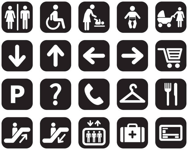 Set of icons - Shopping Mall Set of icons of people in black. mens room stock illustrations