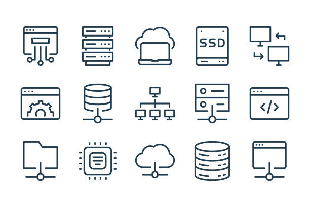 데이터베이스, 서버 및 클라우드 서비스 라인 아이콘입니다. - data base symbol computer icon stock illustrations