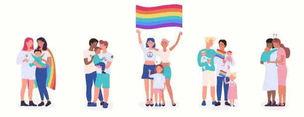 Vector illustration of LGBT family flat vector illustration set, cartoon happy LGBT family people collection of gay lesbian bisexual couple parent character and adopted children