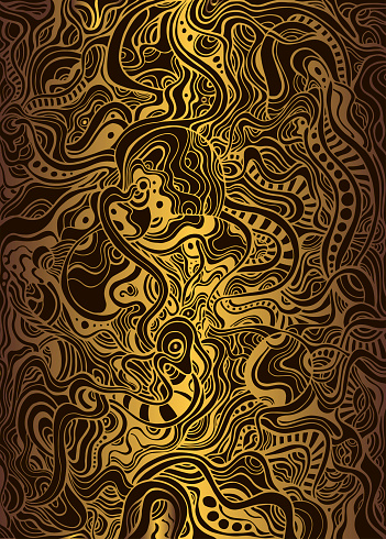 Vintage  background with many ornaments and intricate patterns, steampunk doodle style, golden gradient color outline, isolated on black background. Vector hand drawn elegant psychedelic abstract texture.