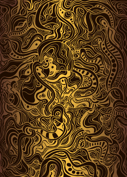 Vintage  background with many ornaments and intricate patterns, steampunk doodle style, golden gradient color outline, isolated on black background. Vector hand drawn elegant psychedelic abstract texture. Vintage  background with many ornaments and intricate patterns, steampunk doodle style, golden gradient color outline, isolated on black background. Vector hand drawn elegant psychedelic abstract texture. steampunk fashion stock illustrations