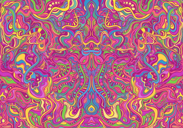 symmetrycal motley hippie trippy psychedelischen abstrakten muster mit vielen komplizierten welligen ornamenten, helle neon mehrfarbige farbtextur. dekorative kreative stilvolle karte. vektor böhmische helle illustration. - trance stock-grafiken, -clipart, -cartoons und -symbole