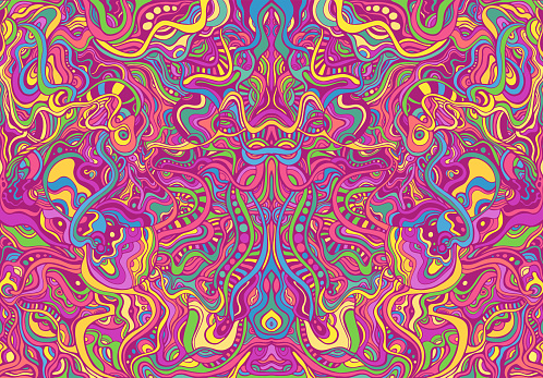 Symmetrycal motley hippie trippy psychedelic abstract pattern with many intricate wavy ornaments, bright neon multicolor color texture. Decorative creative stylish card. Vector bohemian bright illustration.