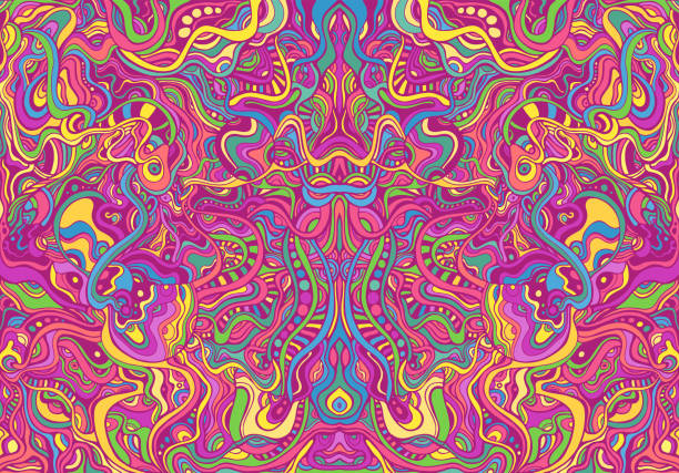 Symmetrycal motley hippie trippy psychedelic abstract pattern with many intricate wavy ornaments, bright neon multicolor color texture. Decorative creative stylish card. Vector bohemian bright illustration. Symmetrycal motley hippie trippy psychedelic abstract pattern with many intricate wavy ornaments, bright neon multicolor color texture. Decorative creative stylish card. Vector bohemian bright illustration. psychedelic art stock illustrations