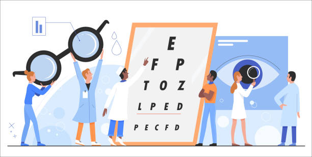 Ophthalmology vector illustration, cartoon flat woman man doctor ophthalmologist characters examining patient eyes health with snellen chart test Ophthalmology vector illustration. Cartoon flat doctor ophthalmologist oculist characters checking, examining patient eyes health with snellen chart test, clinic medical examination isolated on white eye doctor and patient stock illustrations