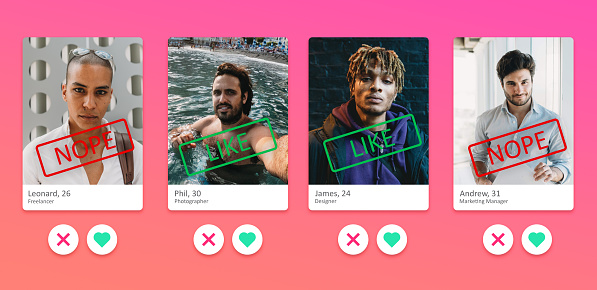 Screenshot of four men on an online dating app. Conceptual image of a mobile app designed to meet new people.