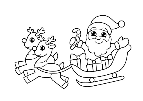 Santa Claus Flying In Sleigh With Gifts And Reindeer Christmas And New Year  Illustration Black And White Vector Illustration For Coloring Book Stock  Illustration - Download Image Now - iStock