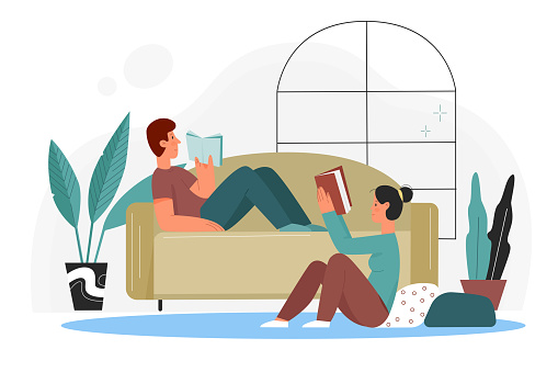 People read books at home vector illustration. Cartoon flat couple booklovers reading books from library or bookstore, sitting on floor and lying on sofa in home living room interior isolated on white