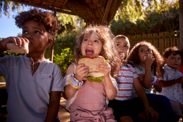 grupo de crianças sentadas comendo sanduíches no parque - freedom sandwich bread food - fotografias e filmes do acervo
