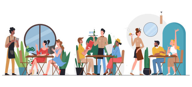 People in cafe flat vector illustration, cartoon friend or couple characters sitting at tables, dining and talking, ordering dinner food People in cafe flat vector illustration. Cartoon friend or couple characters sitting at tables, dining and talking, ordering dinner food from waiter in restaurant cafeteria interior isolated on white hotel waiter stock illustrations