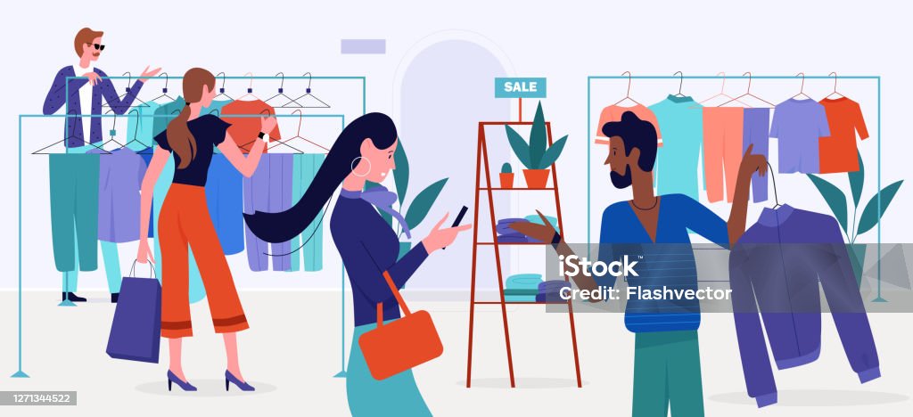 Ilustración de Ilustración Vectorial De Ventas De Centros Comerciales Gente De Compradores De Clientes Planos De Dibujos Animados Elige Ropa Que Cuelga En Perchas De Tienda Tienda O Interior Moderno Boutique y Ilustración de Ilustración Vectorial De Ventas De Centros Comerciales Gente De Compradores De Clientes Planos De Dibujos Animados Elige Ropa Que Cuelga En Perchas De Tienda Tienda O Interior Moderno Boutique y