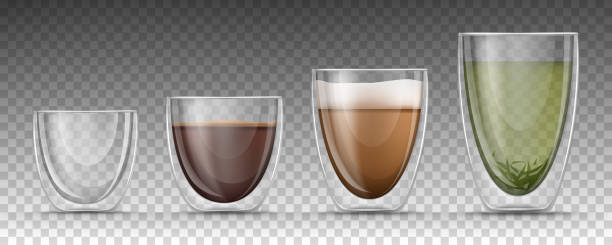 Realistic glass cups with different hot drinks Empty, full glasses with double walls of different sizes on transparent background. 3d realistic glass cups set with hot drinks - isolated black espresso, cappuccino or latte with foam and green tea. glass of milk transparent background stock illustrations
