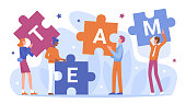 istock Teamwork of business people connect puzzles vector illustration, cartoon flat businessman characters holding and connecting puzzle pieces 1271345556