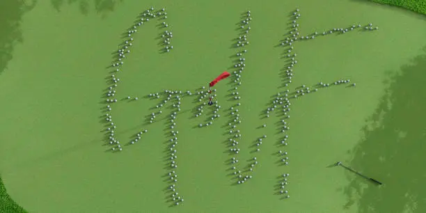 An overhead view of many white golfballs scattered around the hole on a golf course spelling the word 'Golf' in a scripted font. The flag has some motion blur, and a putter lies at the edge of the image. Dappled Tree shadows are visible at the edges.