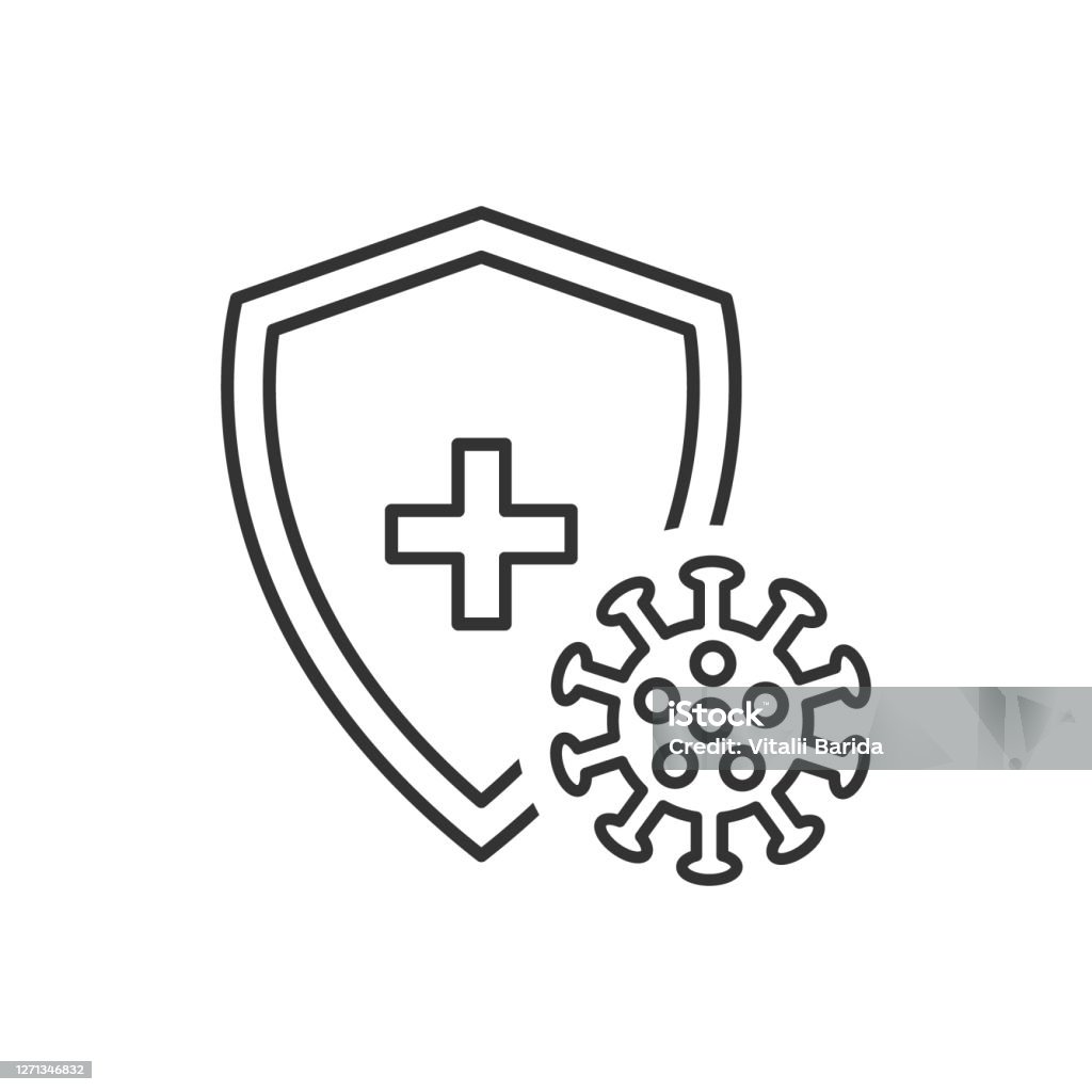 Immune flu germ line icon. Immune flu germ line icon. Virus protection symbol vector isolated on white. Shield and virus linear illustration. Antibacterial protection concept. Immunology stock vector