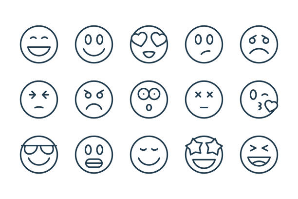 ilustraciones, imágenes clip art, dibujos animados e iconos de stock de emoji y diferentes caras iconos de línea relacionados. iconos de contorno vectorial de emociones. - emoji
