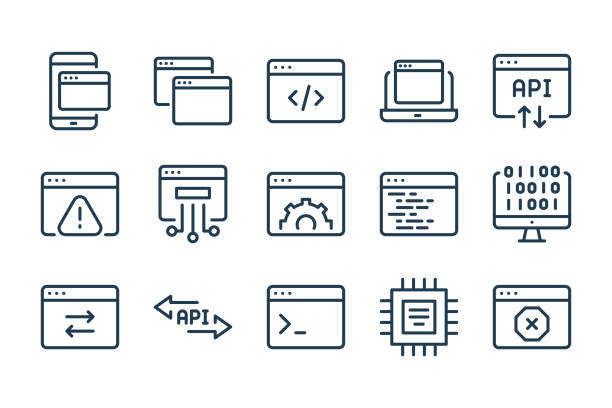 ilustrações, clipart, desenhos animados e ícones de desenvolvimento de sites e ícones da linha de serviços de suporte à web. conjunto de ícones lineares vetoriais de hospedagem e configurações de software. - coding