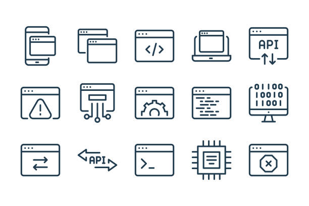 Website development and Web support services line icons. Hosting and Software Settings vector linear icon set. Website development and Web support services line icons. Hosting and Software Settings vector linear icon set. computer settings screen stock illustrations