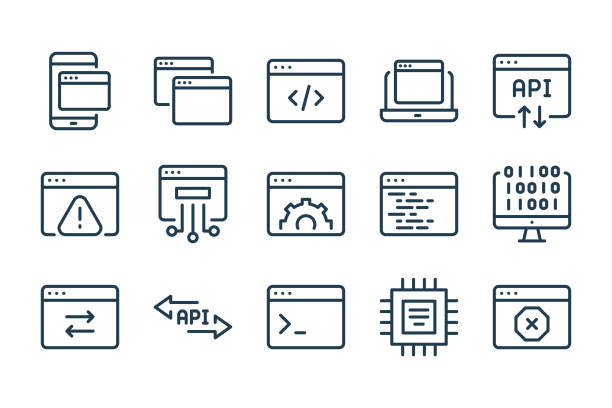 Website development and Web support services line icons. Hosting and Software Settings vector linear icon set. Website development and Web support services line icons. Hosting and Software Settings vector linear icon set. code stock illustrations